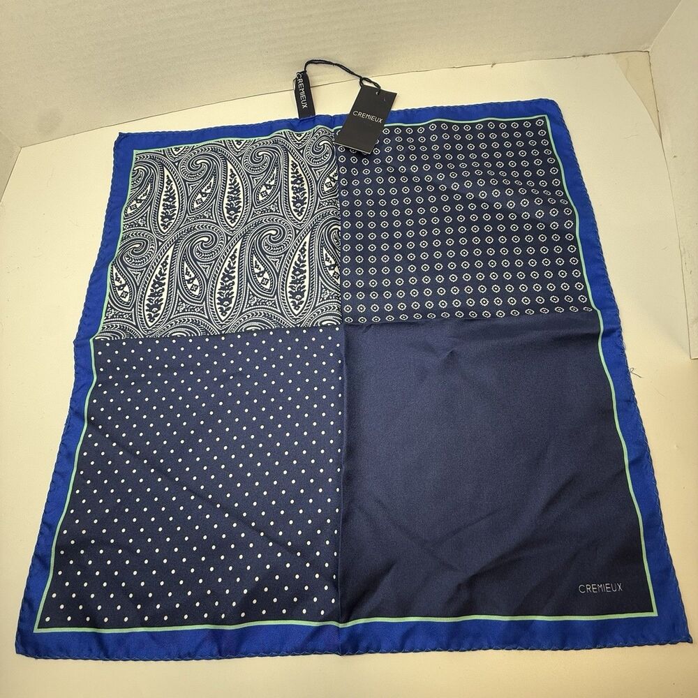 Cremieux Blue White 4 Way 100% Silk Pocket Square New